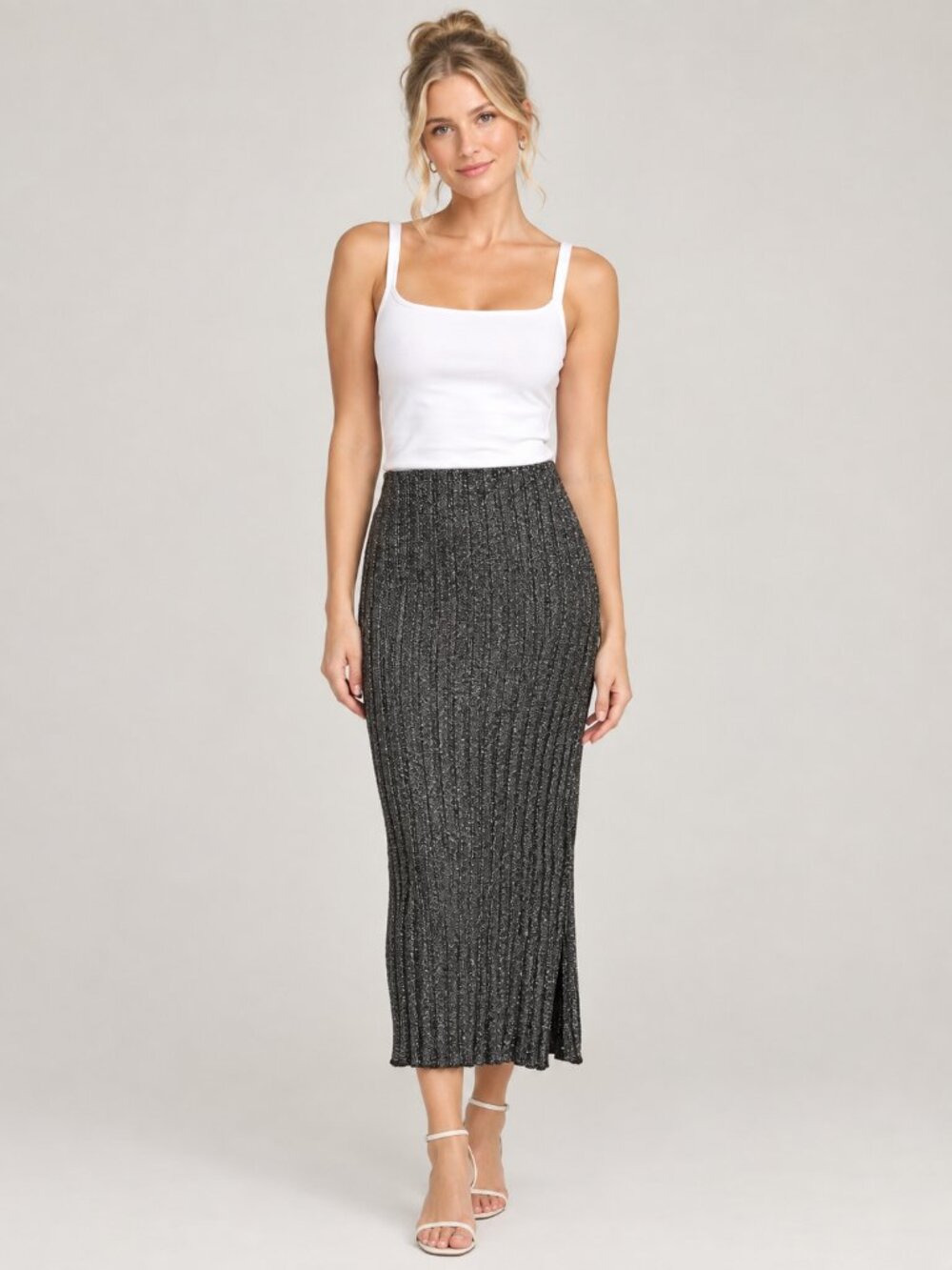 2/$30 H&M Metallic Striped Lurex Midi Pencil Skirt Small Black Gray Small #A4478